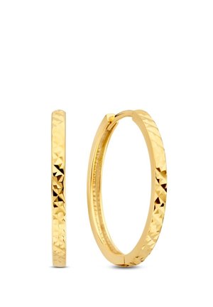 Goldene Creolen mit strukturierten Oberflächen und einem gehämmerten Finish. Das Design ist rund und leicht mit einem sicheren Scharnierverschluss.