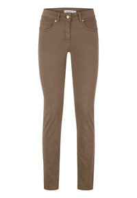 Bruine skinny jeans van denim met een zachte textuur, vijf zakken en een knoopsluiting. Heeft stiksels langs de naden en de tailleband.