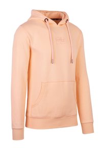 Licht perzik kleurige hoodie van zacht materiaal, met een kangoeroezak, ribgebreide manchetten en een subtiele geborduurde logo op de borst.
