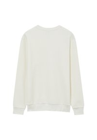 Weißer, strukturierter Langarm-Pullover mit Rundhalsausschnitt, gerippten Bündchen und Saum, der ein schlichtes, minimalistisches Design aufweist.