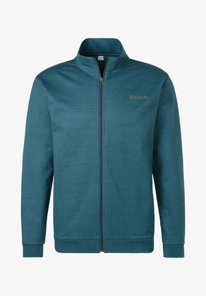 Teal zip-up sweatshirt made of textured fabric, featuring a high collar, ribbed cuffs, and a subtle "Bench." logo on the chest.