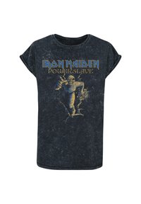 Sort, mineralvasket bomulds t-shirt med opsmøget ærmer og et grafisk motiv af en mumie, der bryder igennem en væg; "Iron Maiden Powerslave" tekst i guld.