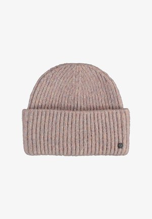 Kootud beanie müts heleses roosas, millel on ribakujuline tekstuur ja volditud serv. Includes a small metallic logo accent.