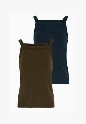 Due canotte a coste con scolli quadrati e spalline sottili, una in verde oliva scuro e una in blu navy, mostrate su uno sfondo bianco.