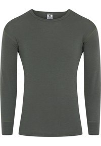 Langærmet grøn skjorte lavet af blødt stof, med rund halsudskæring og tætsiddende form. Glat tekstur med minimalt syninger.
