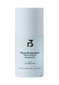 Bouteille de déodorant roll-on bleu clair étiquetée "Pure Protection AHA Roll-on Deodorant", sans aluminium, 50 ml, pH 3,0-4,5.