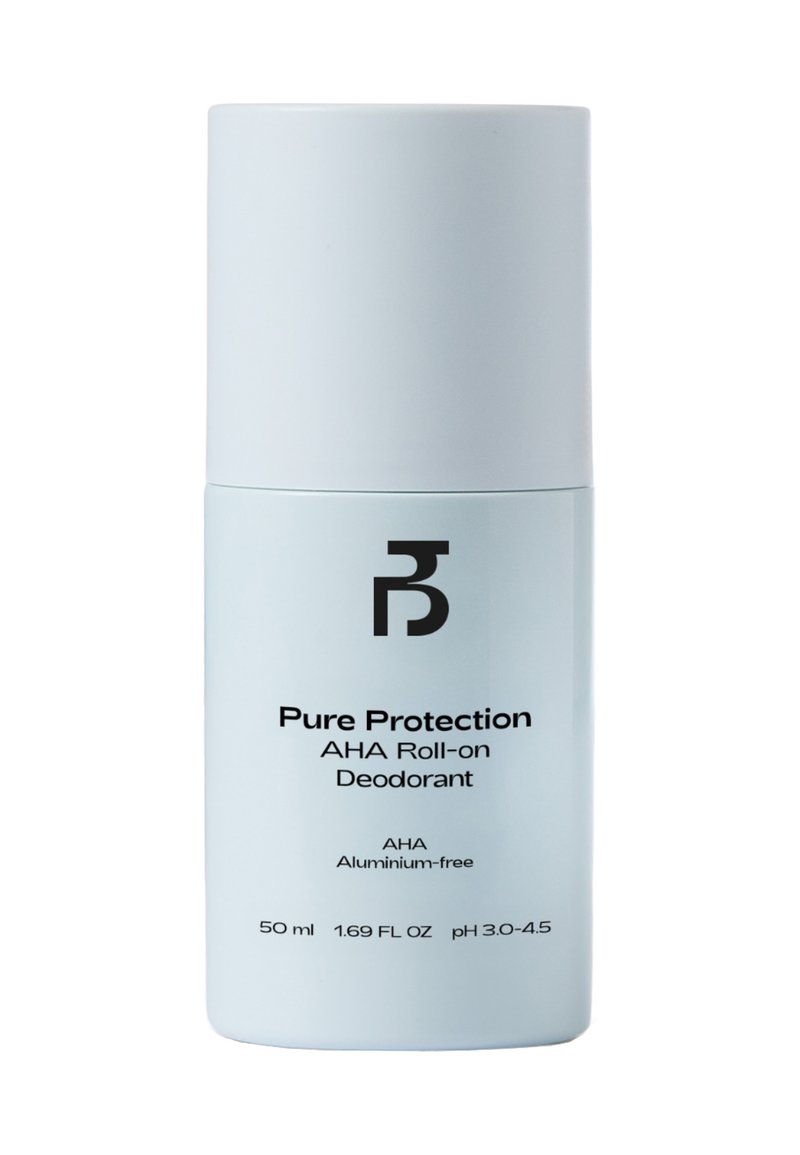 Bouteille de déodorant roll-on bleu clair étiquetée "Pure Protection AHA Roll-on Deodorant", sans aluminium, 50 ml, pH 3,0-4,5.