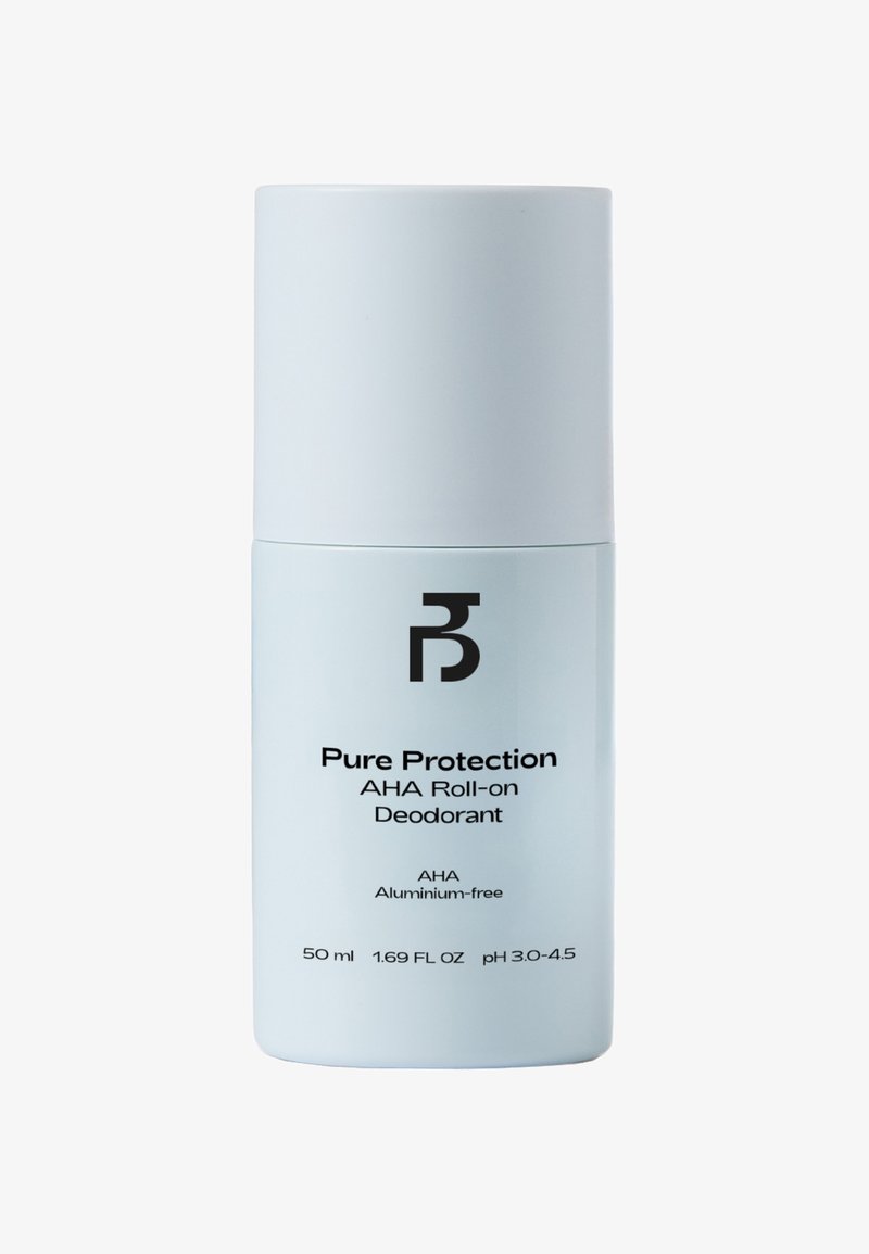 Bouteille de déodorant roll-on bleu clair étiquetée "Pure Protection AHA Roll-on Deodorant", sans aluminium, 50 ml, pH 3,0-4,5.