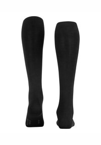 Mustad põlveni ulatuvad sokid, millel on sile tekstuur ja sooniline ülaosa, tugevdatud varba- ja kannaosadega. Suurus ja kaubamärgi andmed on nähtavad.