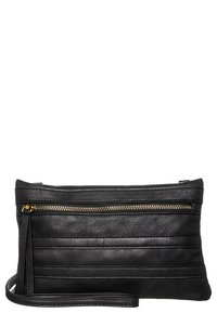 Black leather clutch with a textured finish, featuring horizontal stitching and a gold zipper. Includes a slender shoulder strap.
