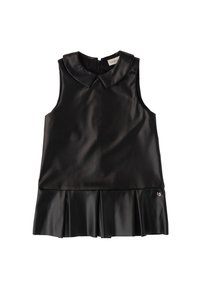 Vestido negro sin mangas con cuello redondo, hecho de una tela suave, que presenta una falda acampanada plisada y un pequeño detalle de acento en el dobladillo.