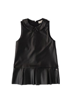 Schwarzes ärmelloses Kleid mit rundem Kragen, aus glattem Stoff, mit einem ausgestellten, gefältelten Rock und einem kleinen Akzentdetail am Saum.