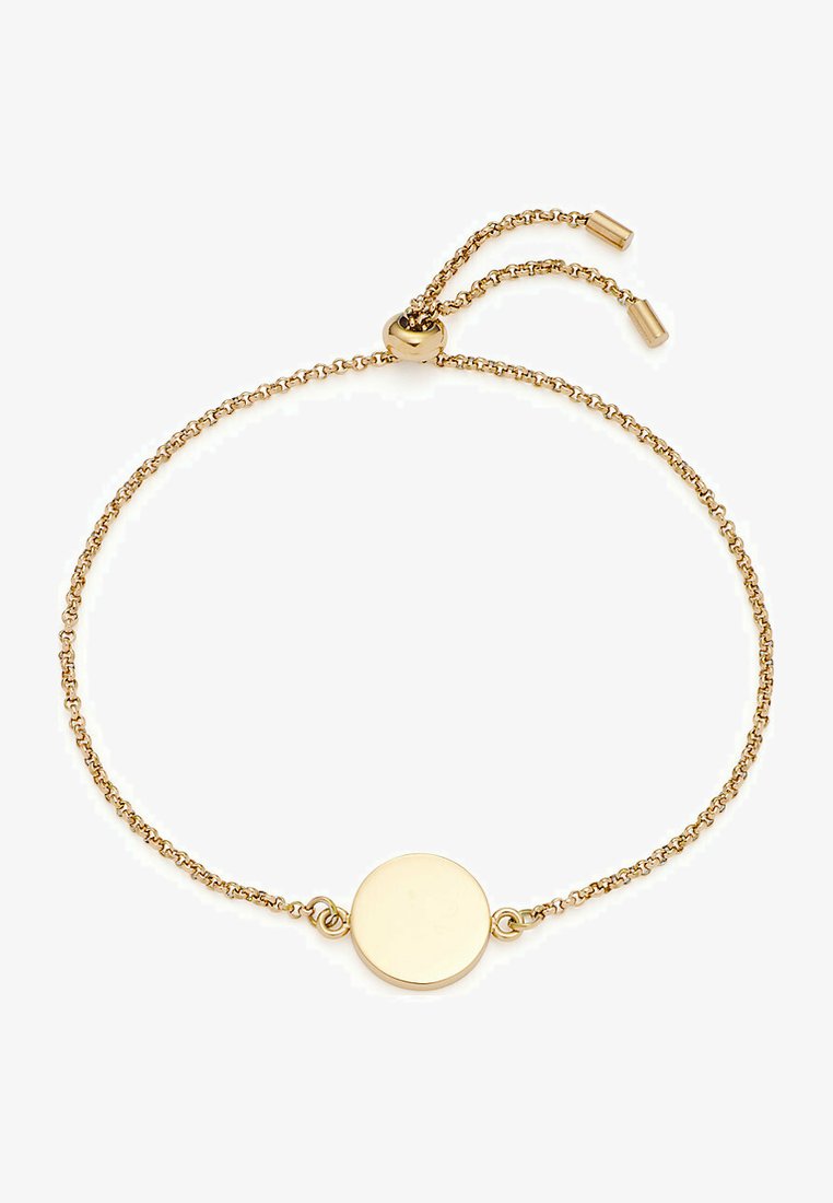 Gold chain bracelet featuring a round, smooth pendant. Adjustable slider closure with a delicate, textured chain.