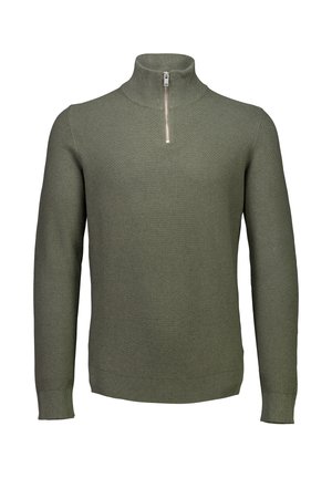 Olivgrön pullovertröja med strukturerad stickning, hög krage och halvdragkedja. Har ribbade manschetter och fåll för en snug passform.