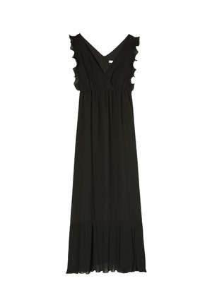 Abito nero senza maniche con scollatura a V, spalle arricciate e orlo plissettato. Realizzato in tessuto leggero, progettato per una silhouette fluida.