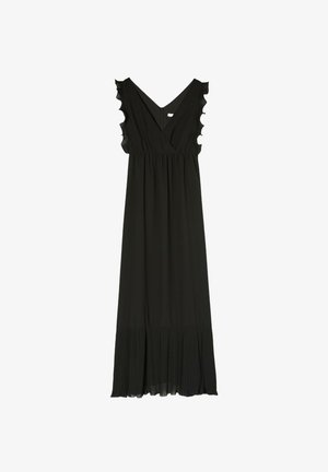Zwarte mouwloze jurk met een V-hals, met ruffles op de schouders en een geplooide zoom. Gemaakt van lichte stof, ontworpen voor een vloeiende silhouet.