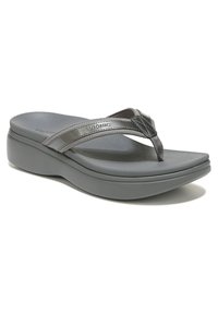 Grijze flip-flop sandalen met een dikke platform zool, met een gestructureerde band en de merknaam "Vionic" in het voetbed gestanst.