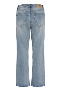 Svetlomodré rifle z denimu s priamym strihom a širokými nohavicami. Majú dve zadné vrecká a koženú značkovú štítok na páse.