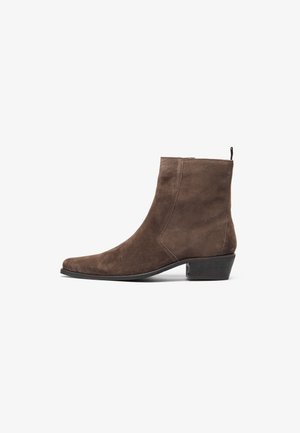 Brown suede ankle boot with a pointed toe, low block heel, and a pull loop at the back for easy wear. Smooth texture and simple design.