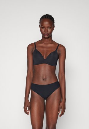 Black seamless lingerie set featuring a v-neck bralette and matching hipster panties, made from soft, stretchy fabric with minimal design elements.