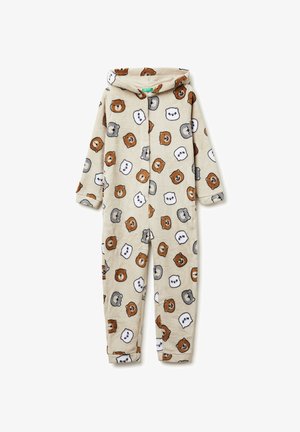 Brown and gray plush onesie with a hood, featuring a pattern of cartoon animal faces on a beige background. Long sleeves and legs included.