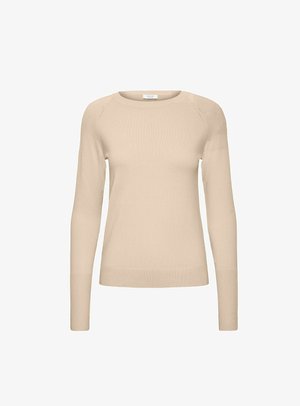 Beige Langarmpullover mit rundem Ausschnitt, gerippten Bündchen und Saum. Weiche Textur mit glattem Finish und Raglanärmel-Design.