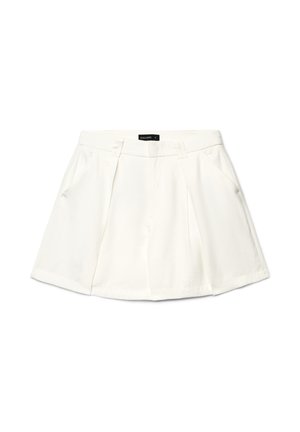 Weißer, plissierter A-Linien-Rock mit Gürtelschlaufen und seitlichen Taschen, Größe klein.