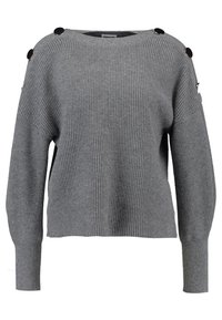 Grijze geribbelde gebreide trui met brede halslijn, lange mouwen en knoopaccenten op de schouders. Zachte textuur, ontspannen pasvorm en minimalistisch ontwerp.