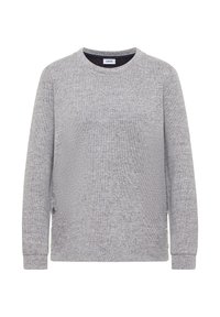 Grauer Pullover aus strukturiertem Strickmaterial, mit rundem Ausschnitt, langen Ärmeln und Knopfakzenten an den Seitennähten.