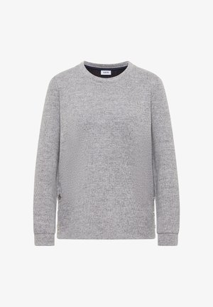 Grey sweatshirt made of textured knit material, featuring a round neckline, long sleeves, and button accents at the side seams.