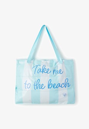 Borsa a tracolla a righe blu e bianche con la scritta "Portami in spiaggia" stampata in blu. Realizzata in materiale resistente e lucido con due spallacci.