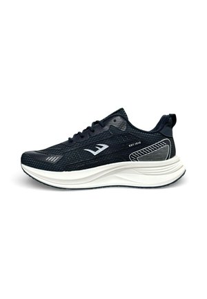 Scarpa sportiva nera con suola bianca, tomaia in mesh, chiusura con lacci e logo bianco con dettagli di design sul lato.