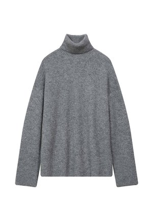 Pull en col roulé gris en matériau tricot doux avec col et ourlet côtelés, présentant une coupe décontractée et des manches longues.