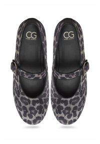Black and gray leopard-print Mary Jane shoes with a round toe, secured by a strap featuring a metal buckle. Soft suede texture.