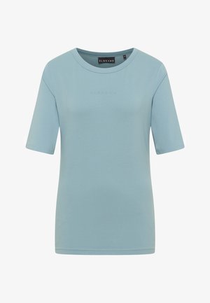 Maglietta a maniche corte azzurro chiaro realizzata in un tessuto morbido, con scollatura rotonda e nome del marchio in rilievo sul petto.