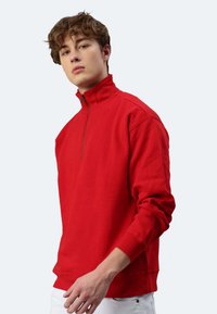 Roter Pullover mit einem Halb-Reißverschluss-Kragen, weichem Stoff, überschnittenen Schultern und gerippten Bündchen. Glatte Textur, lässiger Schnitt und einfarbig.