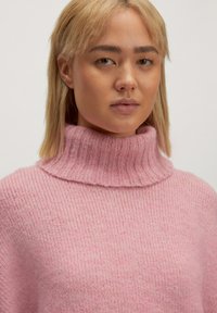 Roze gebreide trui met een hoge, geribbelde hals. De textuur lijkt zacht en pluizig, met een ontspannen pasvorm en subtiele kleurvariaties.