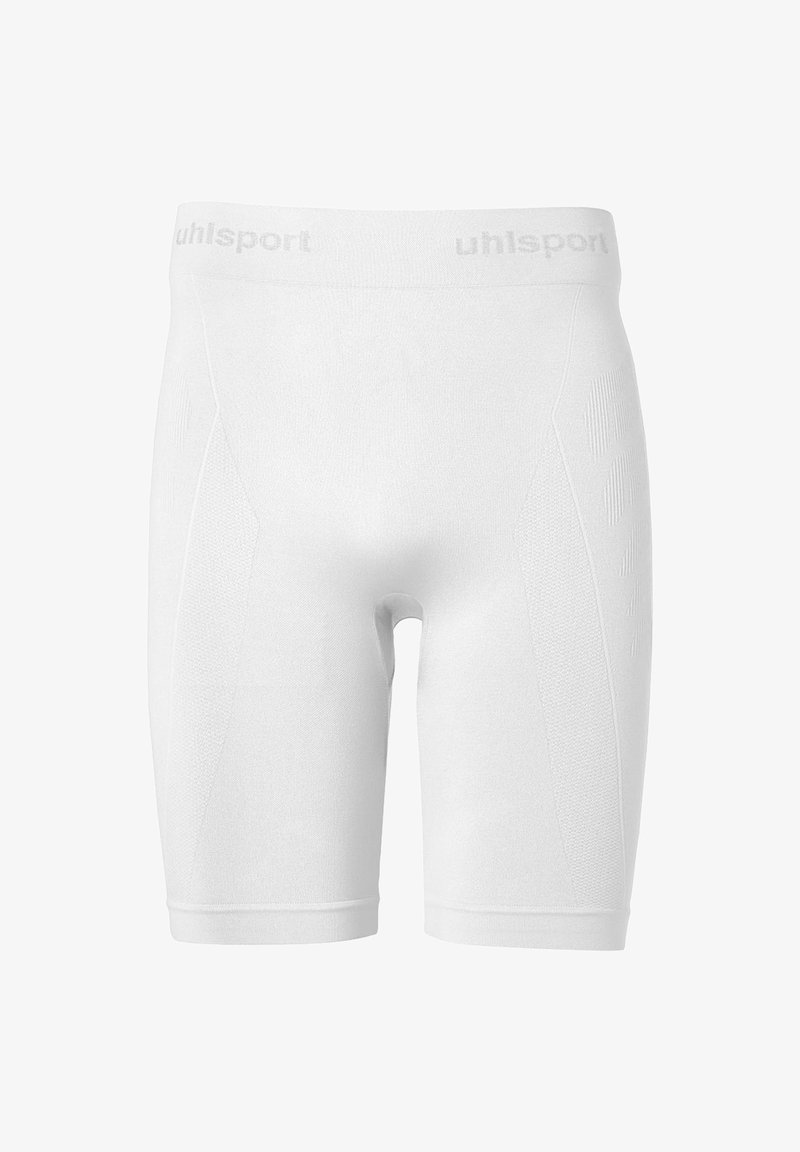 Shorts stretch blancs à coupe ajustée. Dotés de panneaux latéraux texturés et d'une taille avec logo. Fabriqués en tissu évacuant l'humidité pour plus de confort.