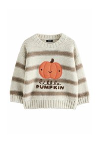 Un pull en tricot rayé crème et marron avec un design de citrouille orange brodé et le texte "petite CITROUILLE" en dessous.