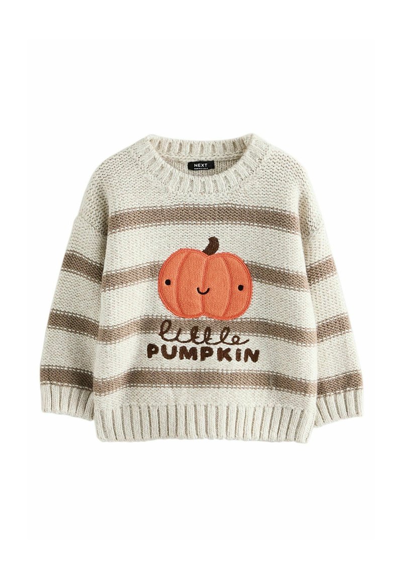 Un pull en tricot rayé crème et marron avec un design de citrouille orange brodé et le texte "petite CITROUILLE" en dessous.