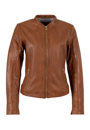 Braune Lederjacke mit rundem Kragen, zwei seitlichen Reißverschlusstaschen und einem vorderen Reißverschluss. Glatte Textur mit tailliertem Design.