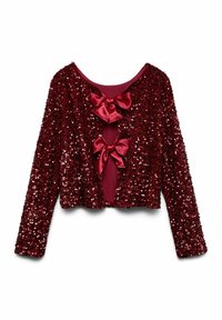 Rød cropped jakke med palietter, lange ærmer og tre satin sløjfer foran, med rundet halsudskæring og glat inderfor.