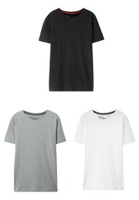 Tre t-shirt a maniche corte: una nera, una grigia e una bianca. Ognuna presenta un collo rotondo e una texture morbida e liscia.