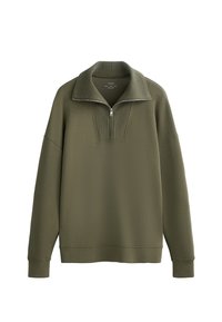 Olivgrön sweatshirt med hög krage, dragkedja och ribbade detaljer vid kragen och fållen. Mjuk, strukturerad tyg.