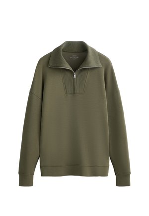 Olive green pullover sweatshirt with a high collar, zip closure, and ribbed accents on the collar and hem. Soft, textured fabric.