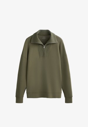 Olijfgroen pullover sweatshirt met een hoge kraag, ritssluiting en ribbelaccenten op de kraag en de zoom. Zachte, gestructureerde stof.