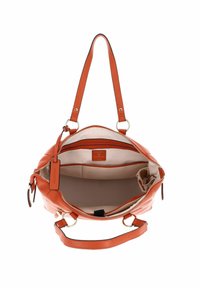 Sac à main en cuir vibrant orange avec quincaillerie dorée. Il dispose d'une fermeture éclair et d'un intérieur spacieux avec plusieurs poches.