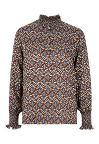 Braun gemusterte Bluse mit hohem gerafftem Kragen, langen Ärmeln und Rüschensäumen. Sie hat blaue und gelbe Blumenmuster auf einem cremefarbenen Hintergrund.