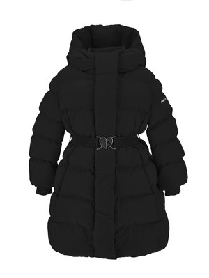 Zwart gewatteerde winterjas met capuchon, lange mouwen, elastische tailleband met dubbele hartvormige gesp.