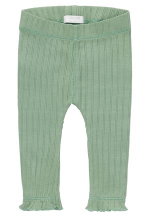 Grønne babyleggings med ribstruktur, elastisk talje og små flæser ved ankelmanchetterne, uden mønstre eller dekorationer.